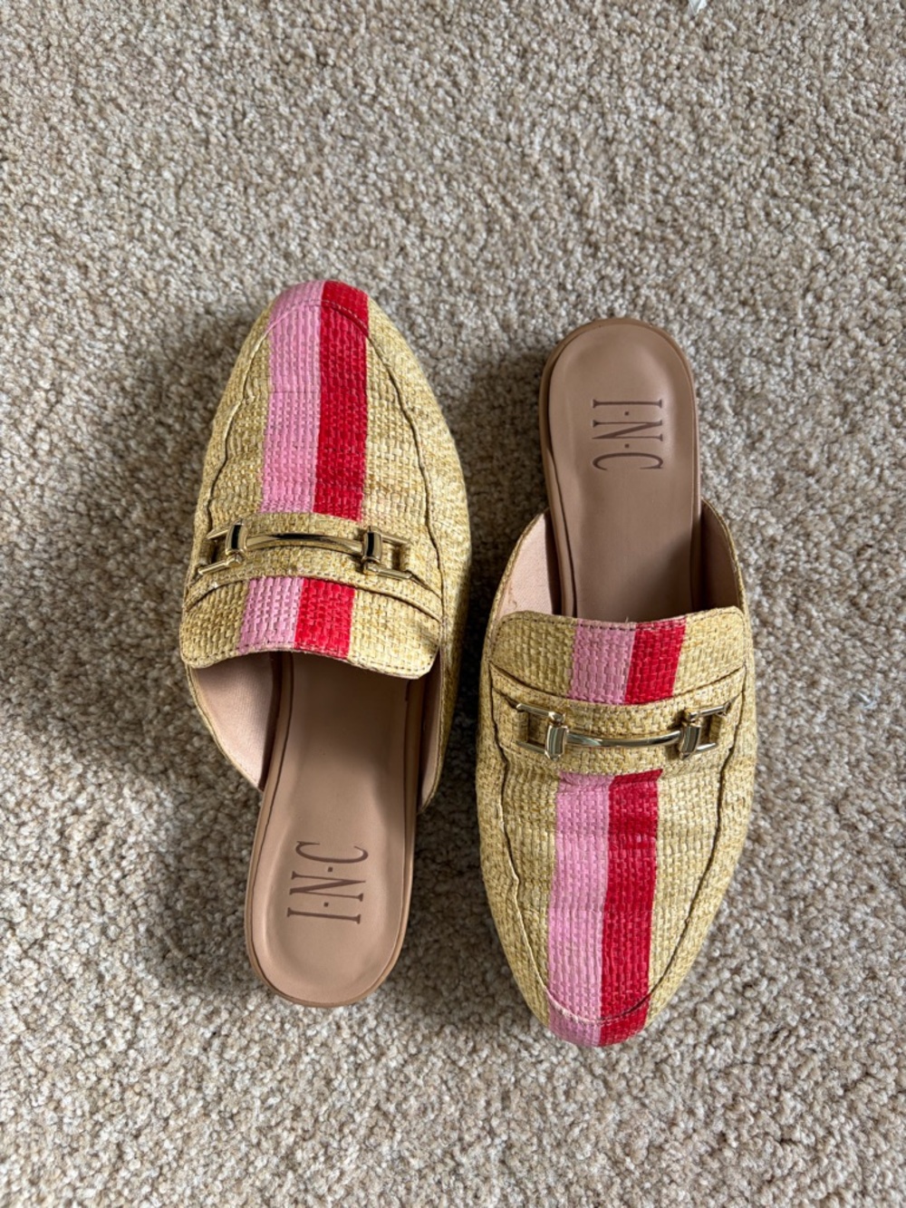 INC International Concepts Raffia Slip-On Mules with Pink and Red Stripes
